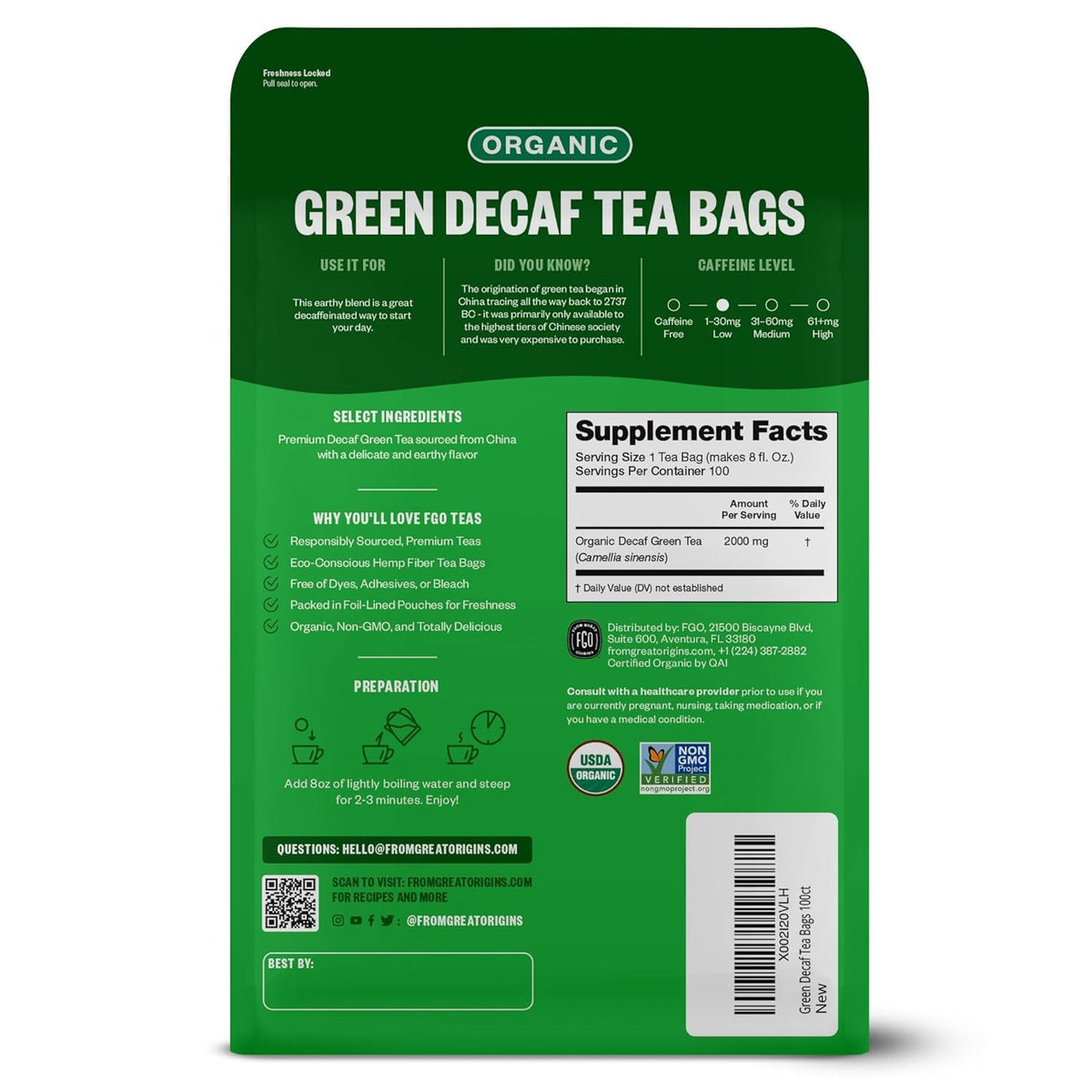 FGO Organic Green Decaf Tea — 100 Count, Caffeine Free, Eco-Conscious Tea Bags