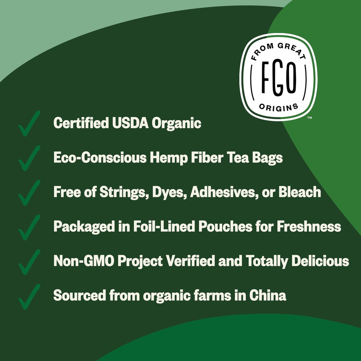 FGO Organic Green Tea – 100 Eco-Conscious Bags, Caffeinated, Resealable Pouch (Pack of 1)