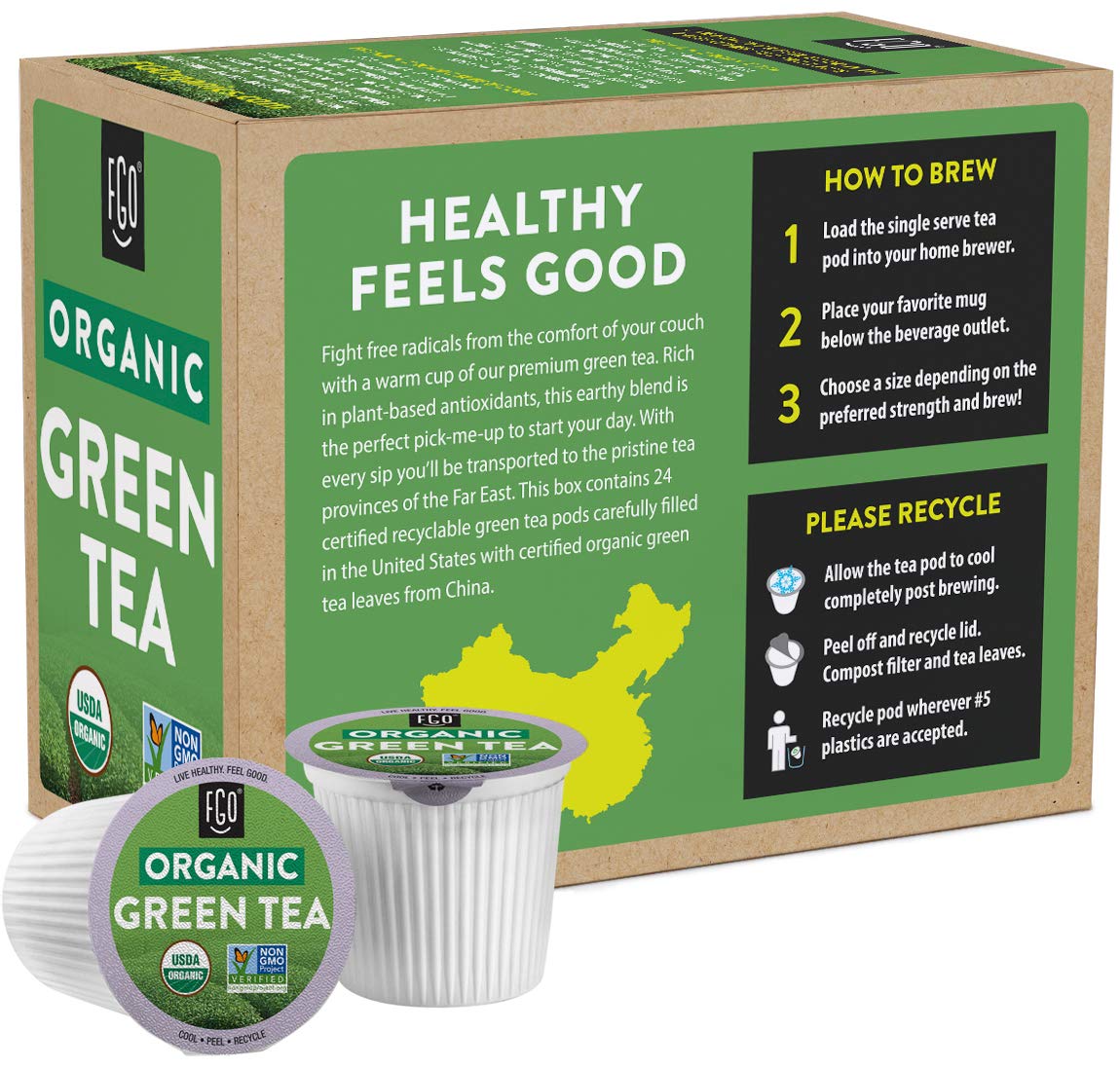 FGO Organic Green Tea K-Cup Pods for Keurig – 24 Count, USDA Organic, Non-GMO