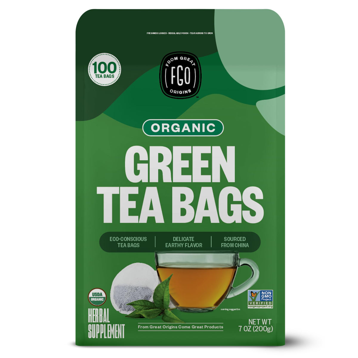 FGO Organic Green Tea – 100 Eco-Conscious Bags, Caffeinated, Resealable Pouch (Pack of 1)