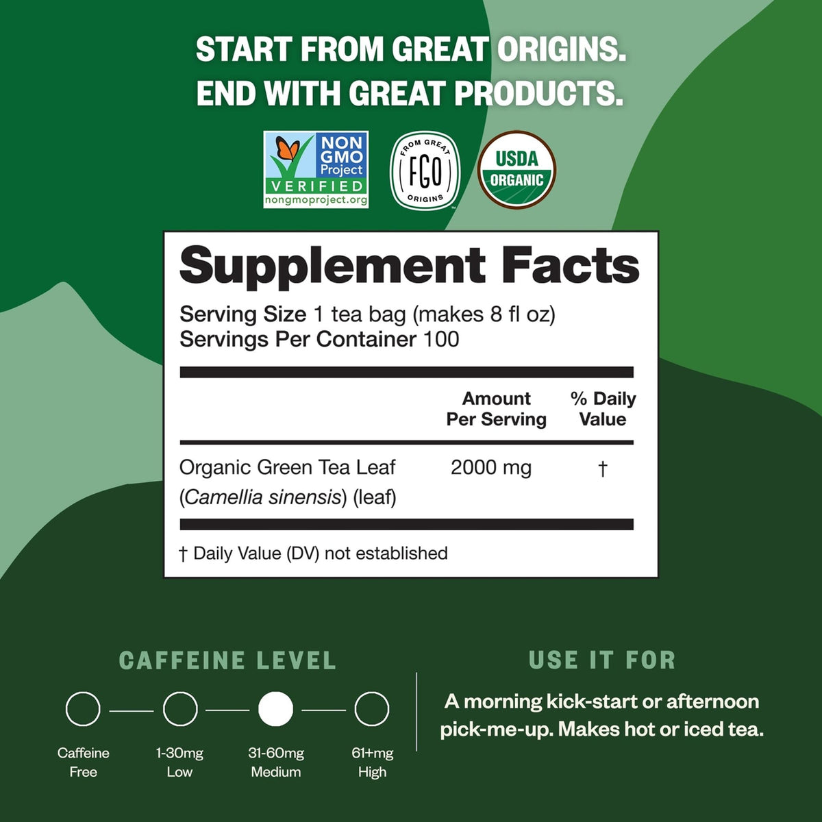 FGO Organic Green Tea – 100 Eco-Conscious Bags, Caffeinated, Resealable Pouch (Pack of 1)