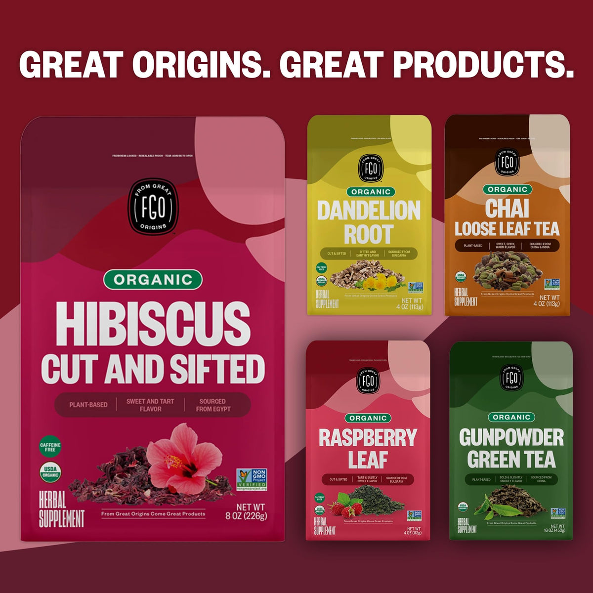 FGO Organic Hibiscus Flowers – Cut & Sifted, 16oz Resealable Bag (USDA Organic)