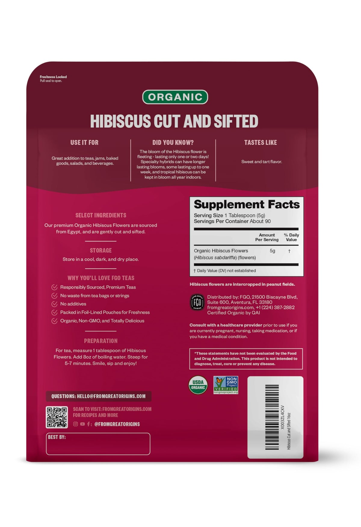 FGO Organic Hibiscus Flowers – Cut & Sifted, 16oz Resealable Bag (USDA Organic)