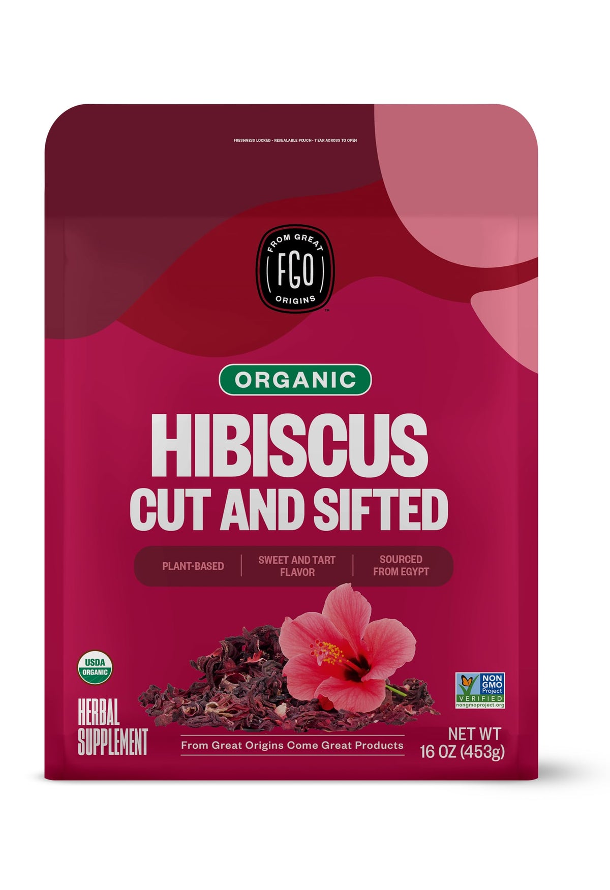 FGO Organic Hibiscus Flowers – Cut & Sifted, 16oz Resealable Bag (USDA Organic)
