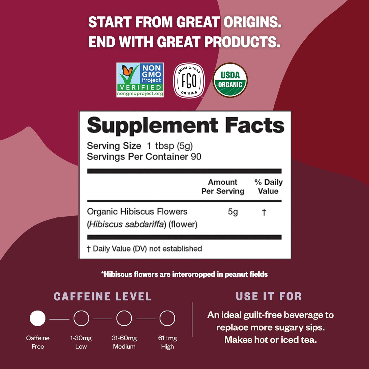 FGO Organic Hibiscus Flowers – Cut & Sifted, 16oz Resealable Bag (USDA Organic)