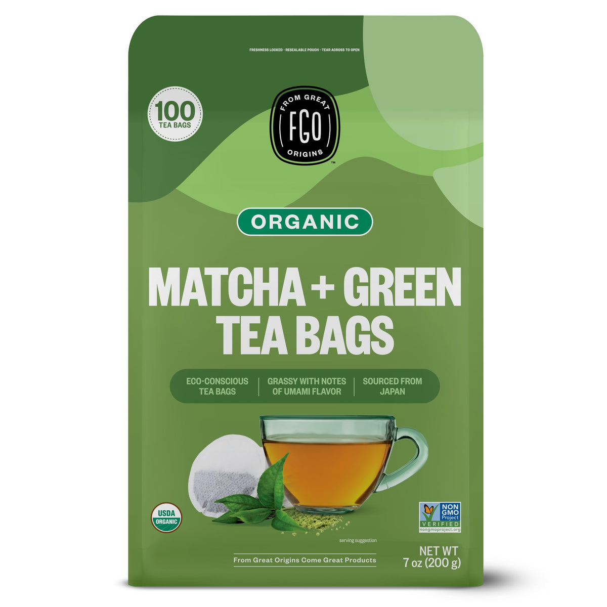 FGO Organic Japanese Matcha + Green Tea | 100 Eco-Conscious Tea Bags | Resealable Kraft Bag (Pack of 1)