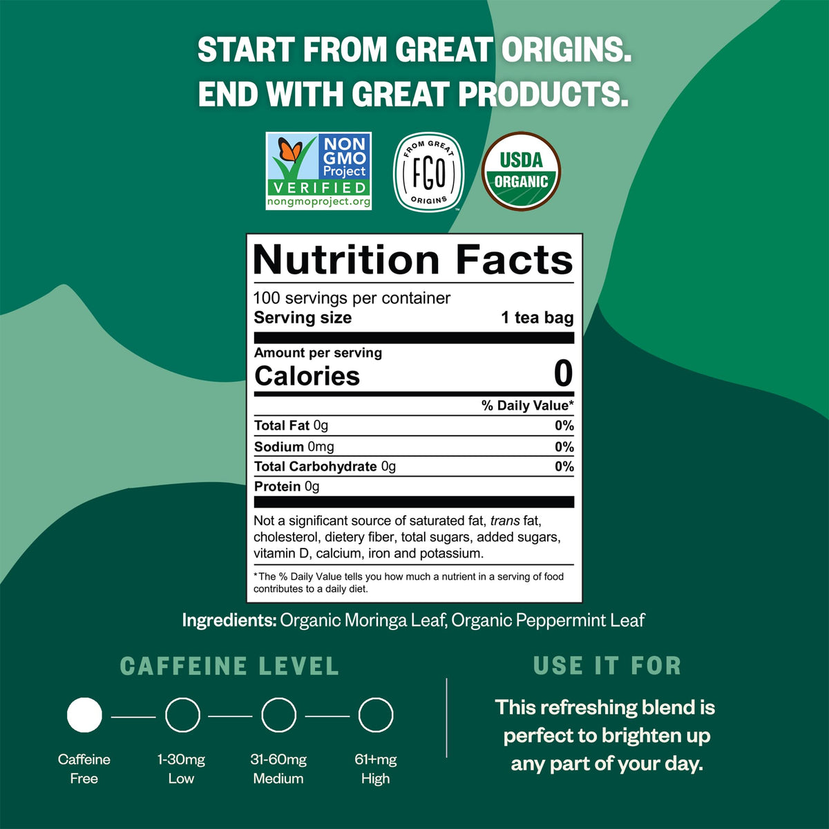 FGO Organic Moringa Mint Tea — 100 Eco-Conscious Tea Bags, Caffeine Free, Resealable Pack (Pack of 1)