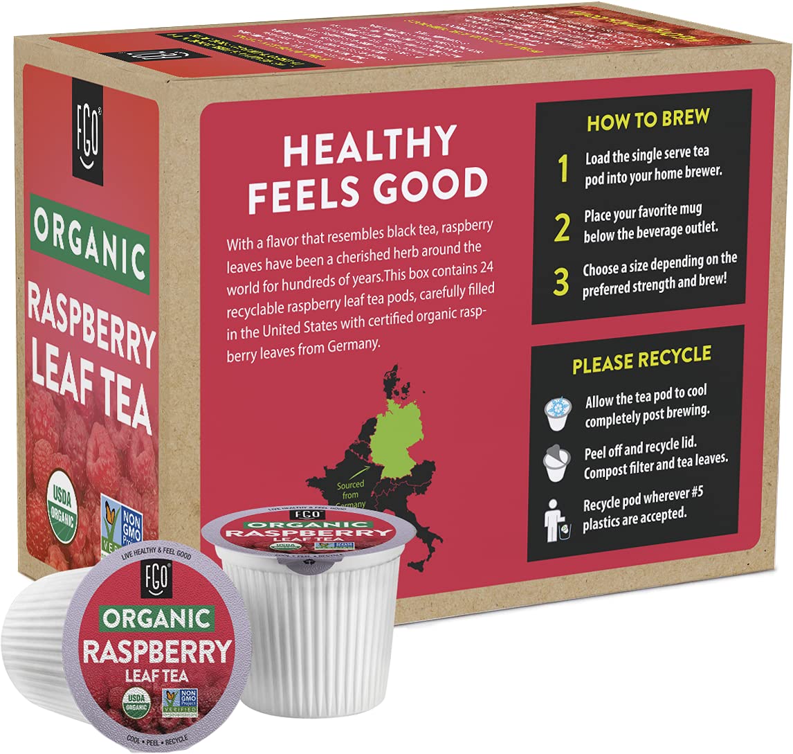 FGO Organic Raspberry Leaf Tea K-Cup Pods for Keurig – 24 Count, Caffeine-Free Herbal
