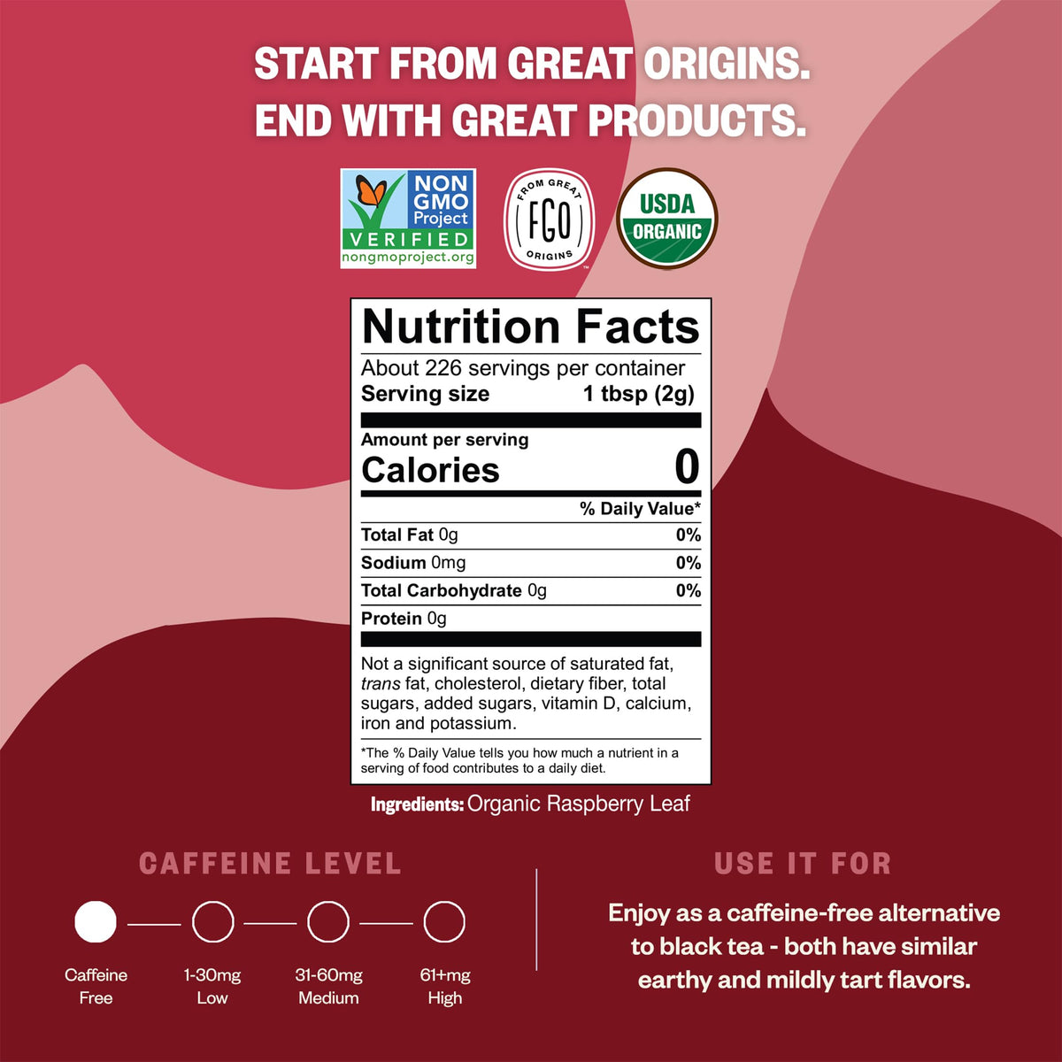 FGO Organic Red Raspberry Loose Leaf Tea — Caffeine-Free, 16oz Bulk Pouch