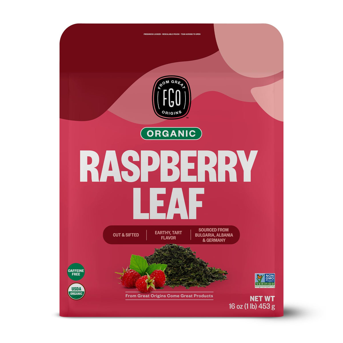 FGO Organic Red Raspberry Loose Leaf Tea — Caffeine-Free, 16oz Bulk Pouch