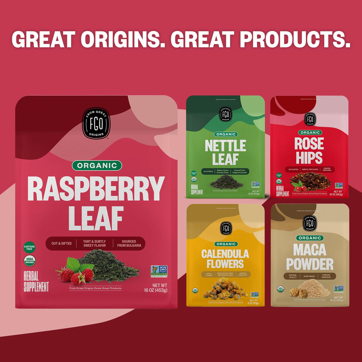 FGO Organic Red Raspberry Loose Leaf Tea — Caffeine-Free, 16oz Bulk Pouch