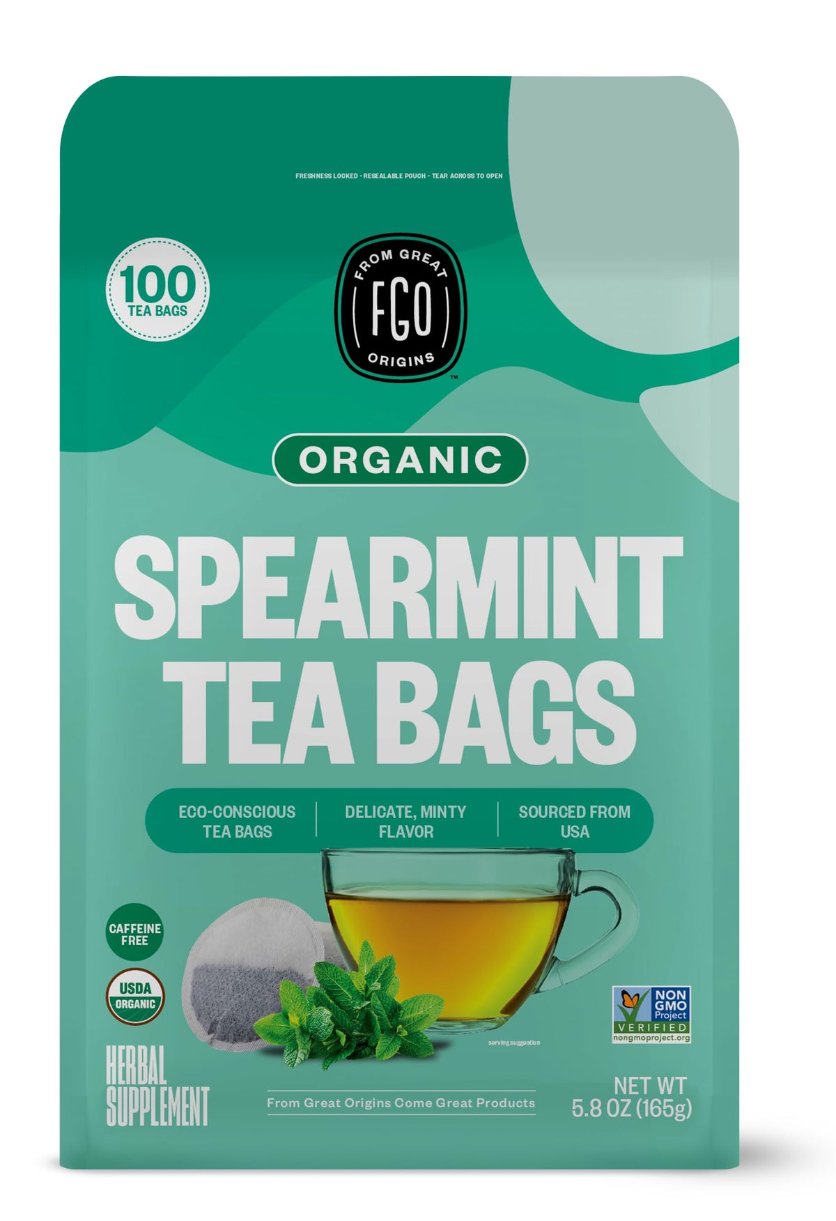 FGO Organic Spearmint Leaf Tea – 100 Count, Caffeine Free, Eco-Conscious Tea Bags, Pack of 1