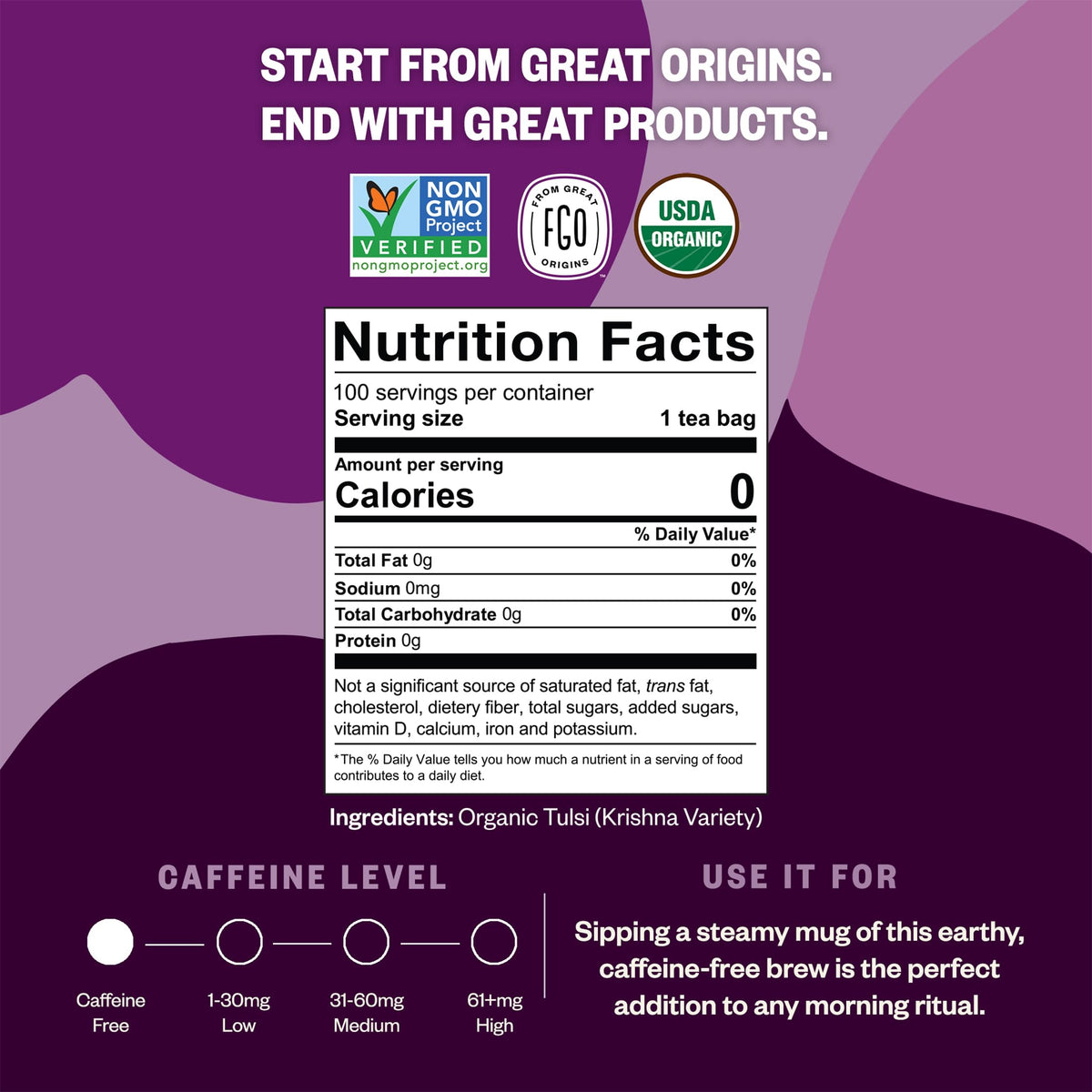 FGO Organic Tulsi Holy Basil Tea | 100 Count, Eco-Conscious Tea Bags, Caffeine Free, Resealable Bag