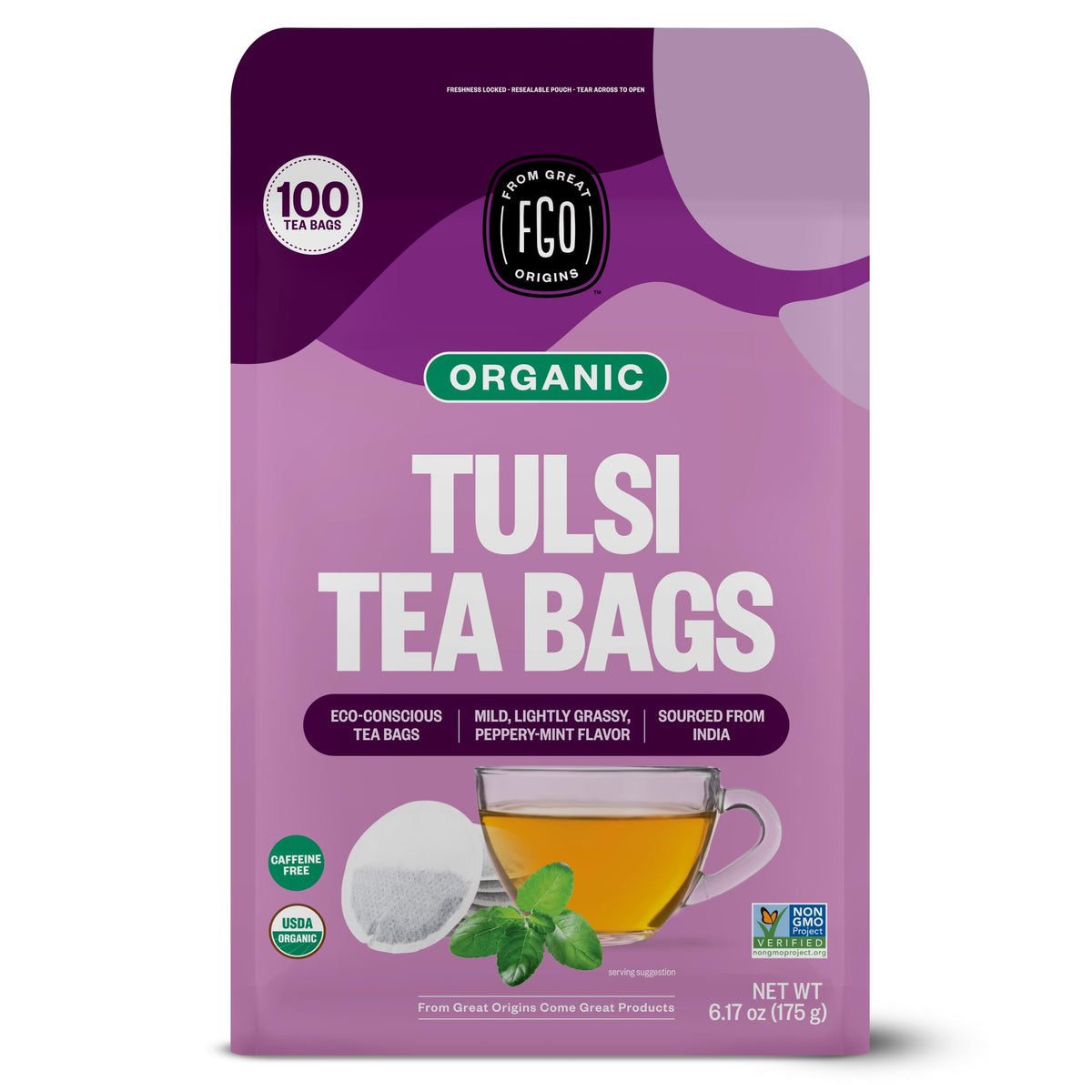 FGO Organic Tulsi Holy Basil Tea | 100 Count, Eco-Conscious Tea Bags, Caffeine Free, Resealable Bag