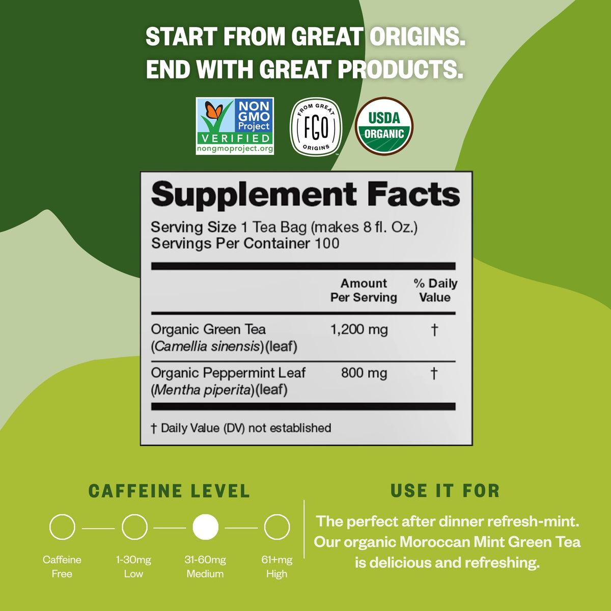 FGO Organic Moroccan Mint Green Tea - 100 Eco-Conscious Bags | Resealable Kraft Bag (Pack of 1)