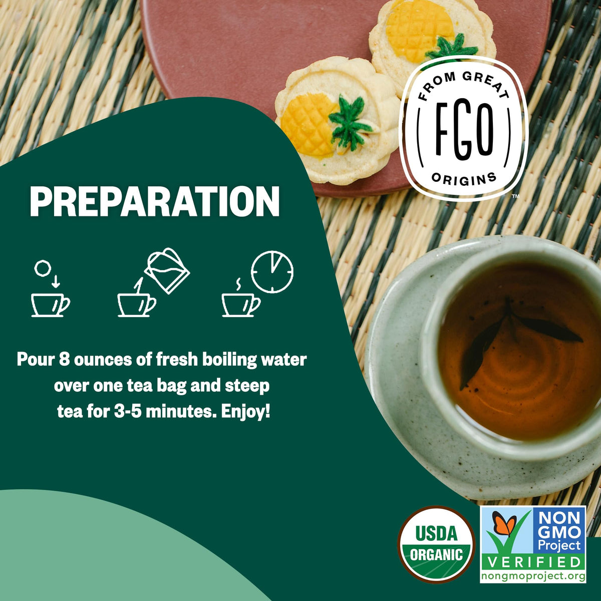 FGO Organic Moringa Mint Tea — 100 Eco-Conscious Tea Bags, Caffeine Free, Resealable Pack (Pack of 1)