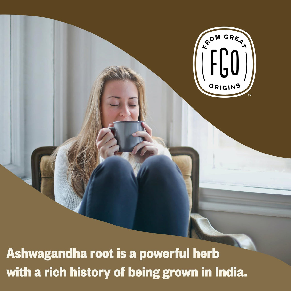FGO Organic Ashwagandha Tea — 100 Tea Bags, Caffeine Free, Eco-Conscious & Resealable Pack of 1