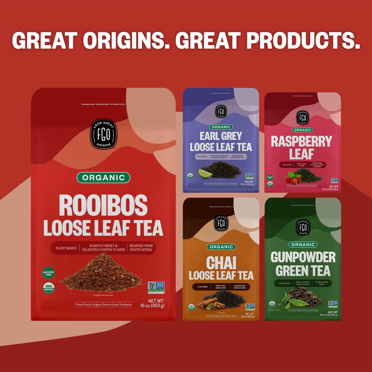 FGO Organic Rooibos Tea – Caffeine Free Loose Leaf, 16 Oz Bulk (Pack of 1)