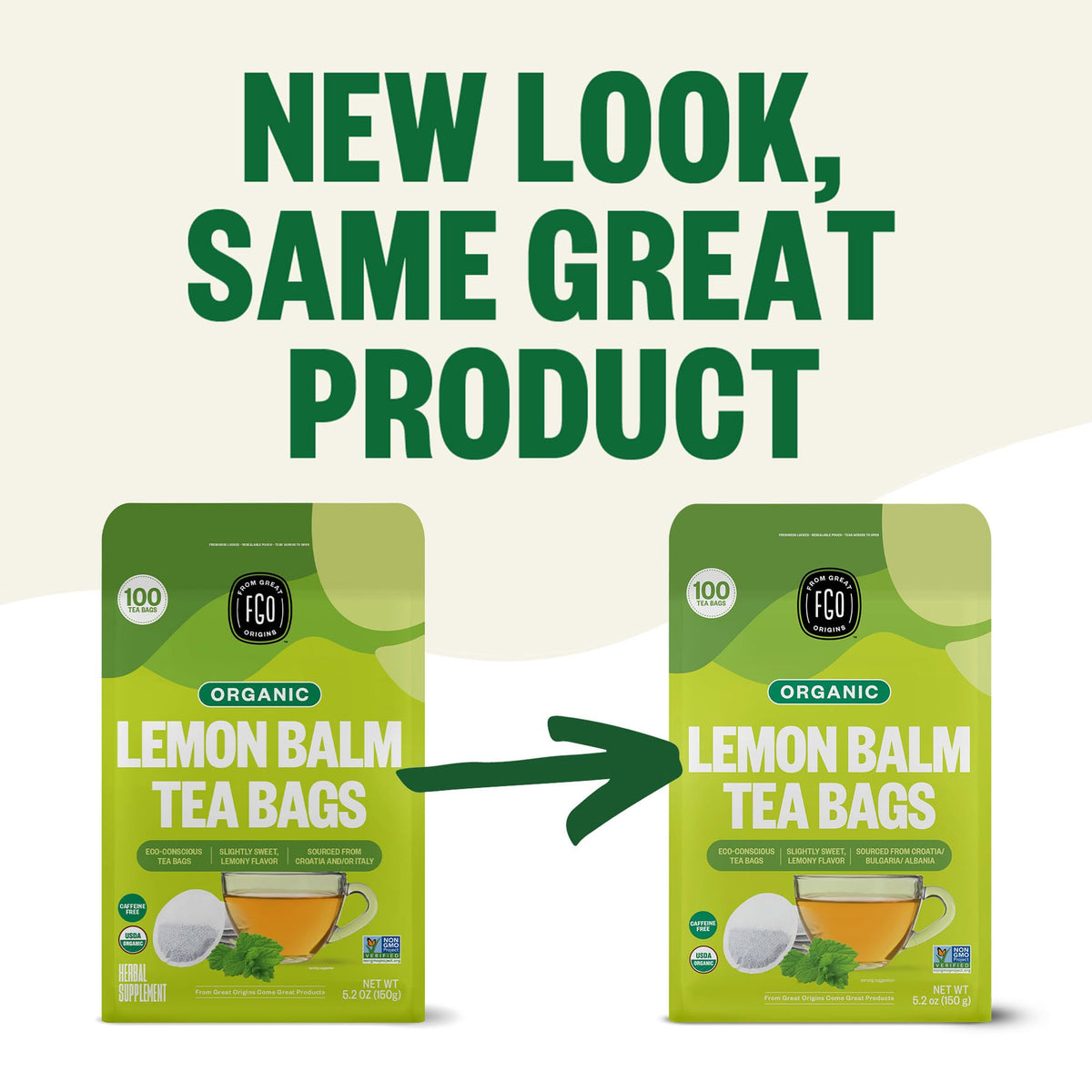 FGO Organic Lemon Balm Tea – Caffeine-Free, 100 Bags, Eco-Conscious & Resealable