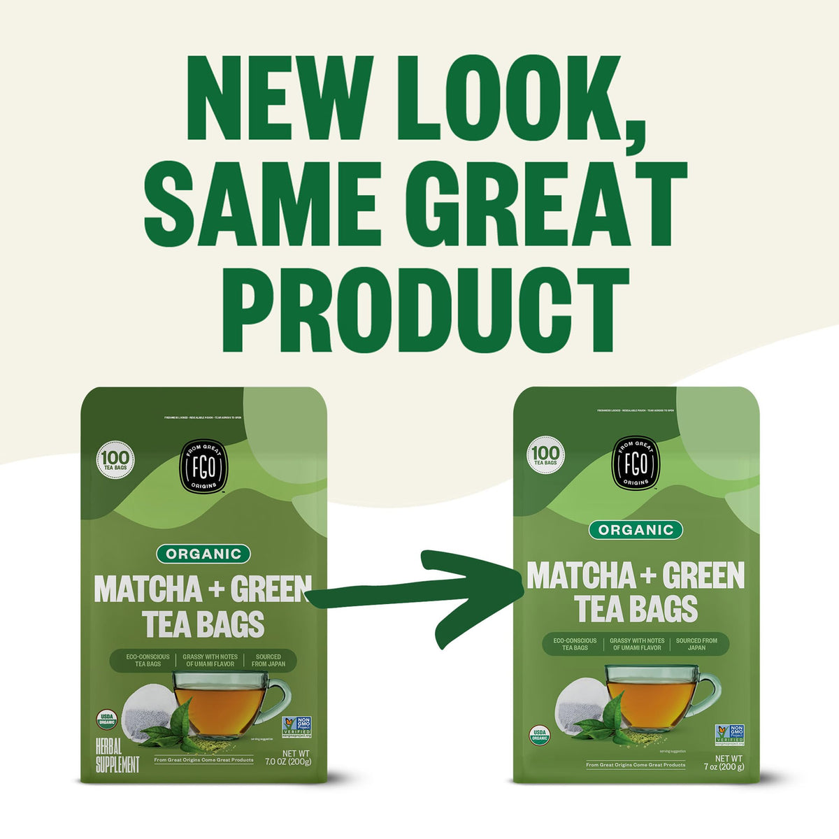 FGO Organic Japanese Matcha + Green Tea | 100 Eco-Conscious Tea Bags | Resealable Kraft Bag (Pack of 1)