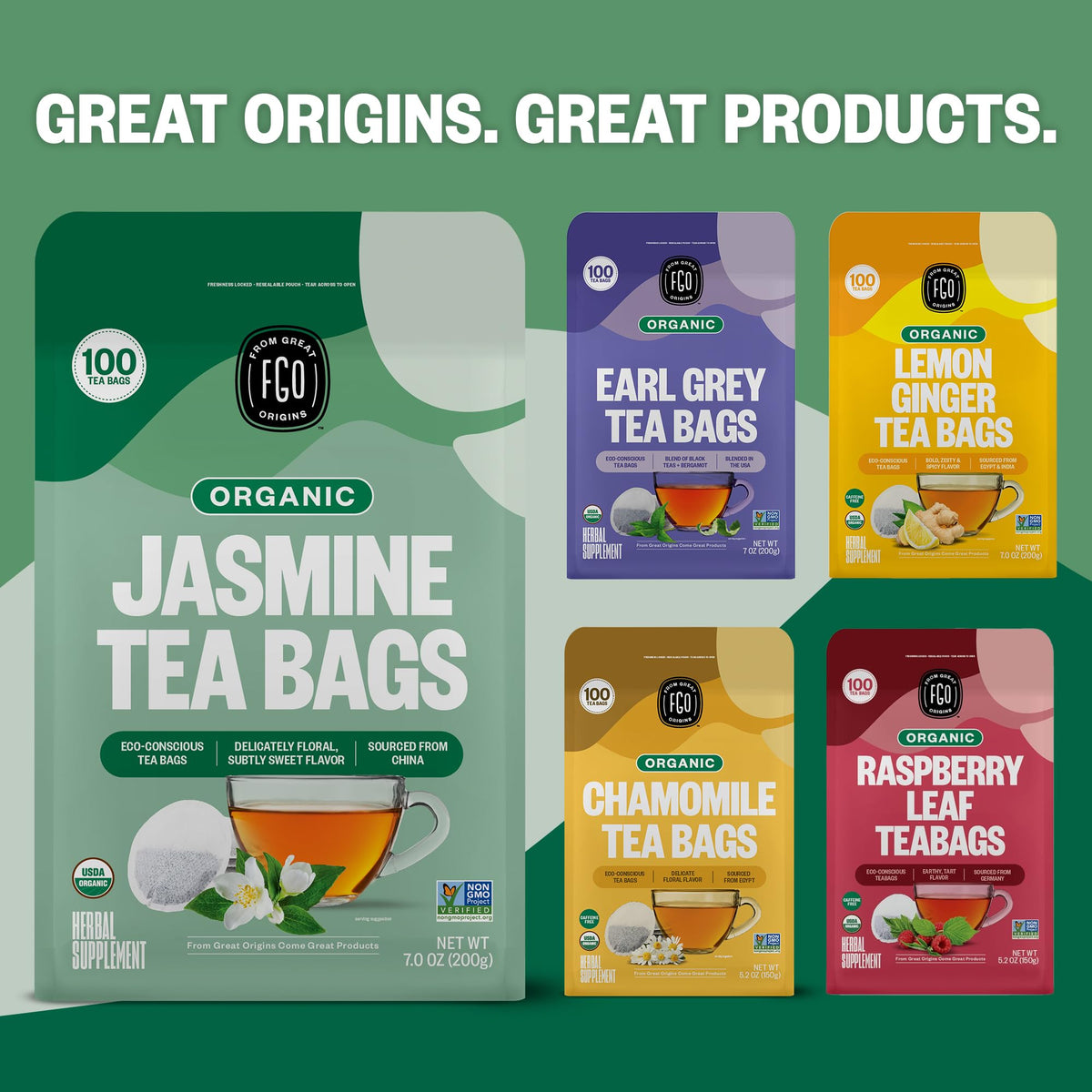 FGO Organic Jasmine Green Tea – 100 Count, Eco-Conscious Tea Bags, Resealable Bag