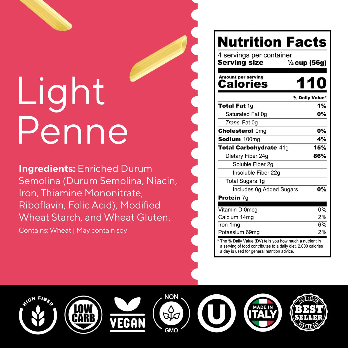 Fiber Gourmet Light Penne – Low Net Carb Pasta with 24g Fiber, 110 Calories per Serving, Made in Italy (6 Pack)