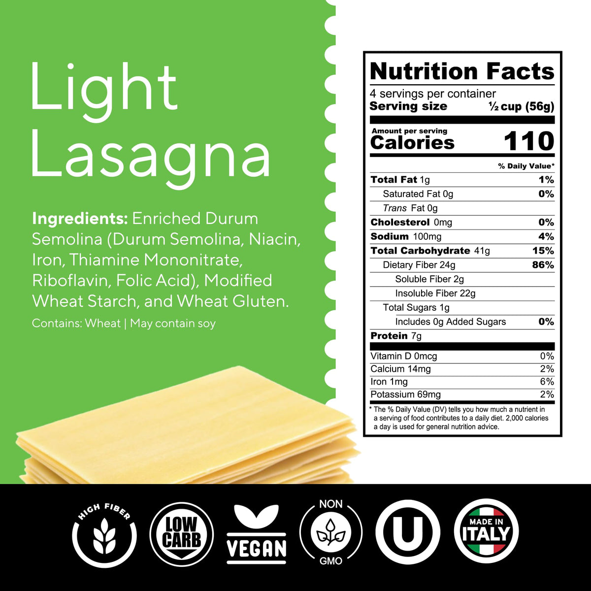 Fiber Gourmet Pasta Light Lasagna Sheets — 110 Calories, 24g Fiber, 18g Net Carbs | Made in Italy