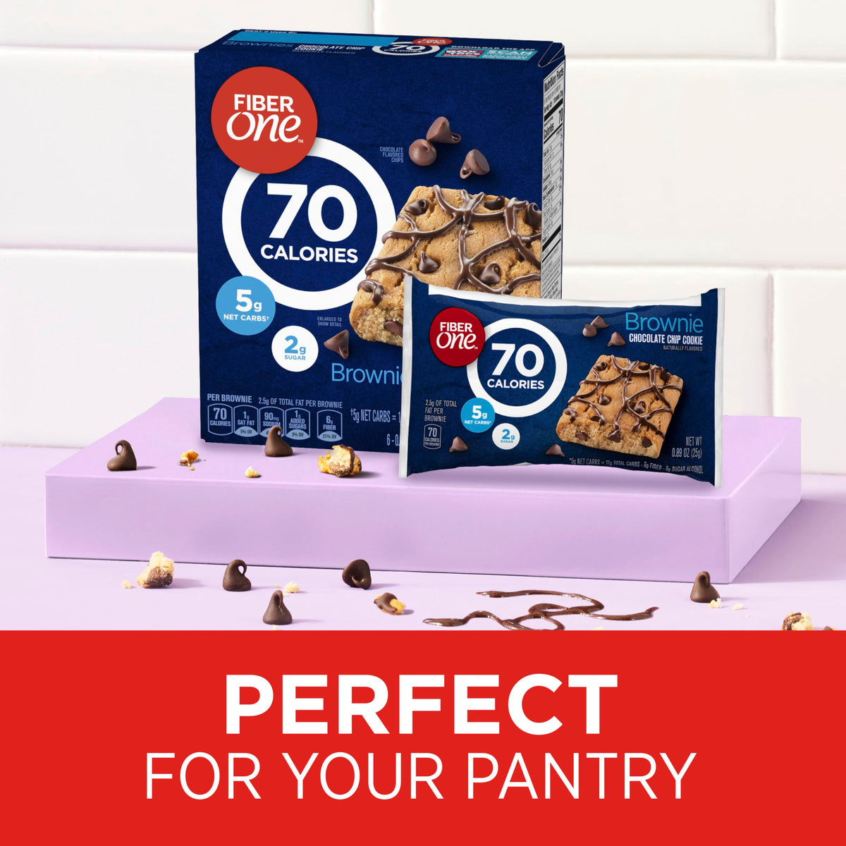 Fiber One 70 Calorie Chocolate Chip Cookie Brownie Bars — Pack of 8 (48 Bars Total, 6 Bars/Box)