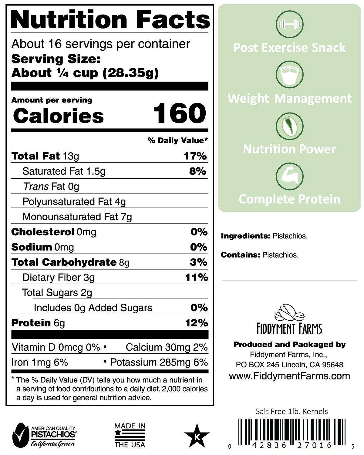 Fiddyment Farms 1 lb Unsalted Pistachio Kernels – California Grown, Fresh & Gourmet