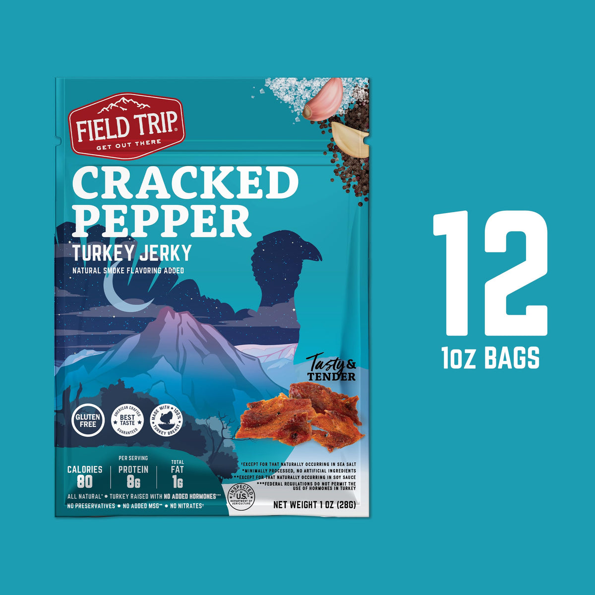 Field Trip Turkey Jerky – Gluten Free, Low Carb, High Protein Snack – 12 Pack (1 oz Bags)