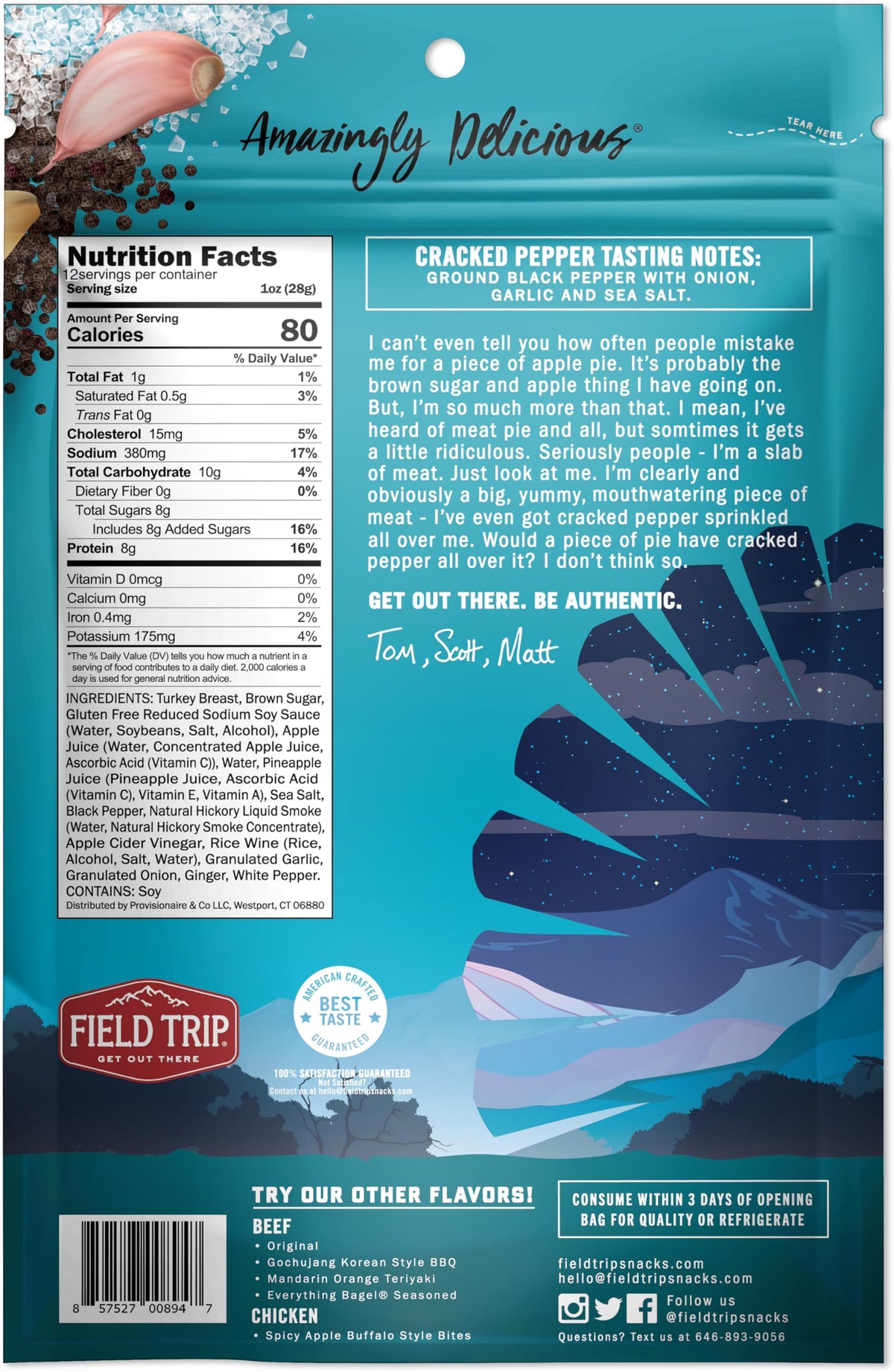 Field Trip Turkey Jerky Cracked Pepper – All Natural, Gluten Free, High Protein 12oz