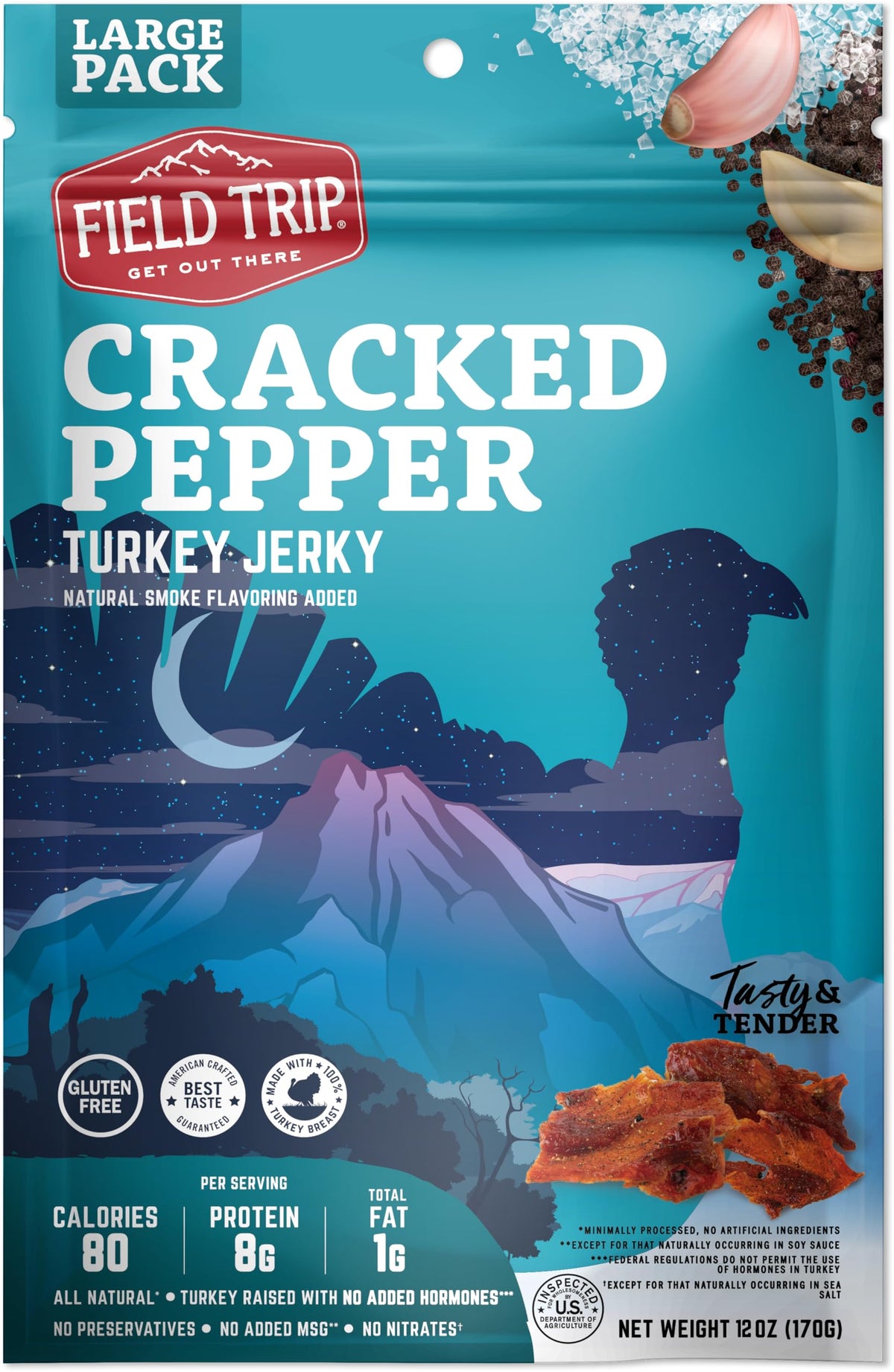 Field Trip Turkey Jerky Cracked Pepper – All Natural, Gluten Free, High Protein 12oz