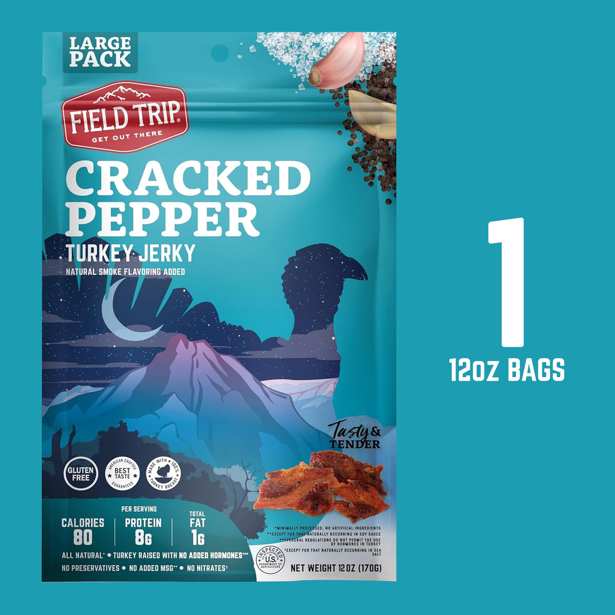 Field Trip Turkey Jerky Cracked Pepper – All Natural, Gluten Free, High Protein 12oz