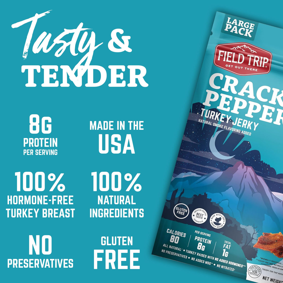 Field Trip Turkey Jerky Cracked Pepper – All Natural, Gluten Free, High Protein 12oz