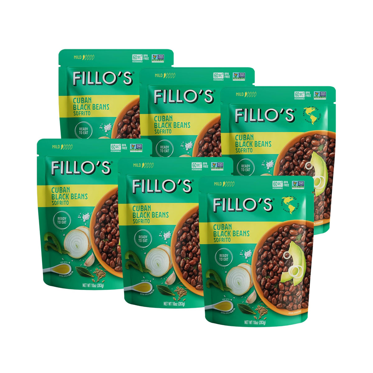 Fillos Cuban Black Beans – Ready-to-Eat, Gluten-Free, Non-GMO Plant Protein, Microwavable 10 oz Pouch (Pack of 6)