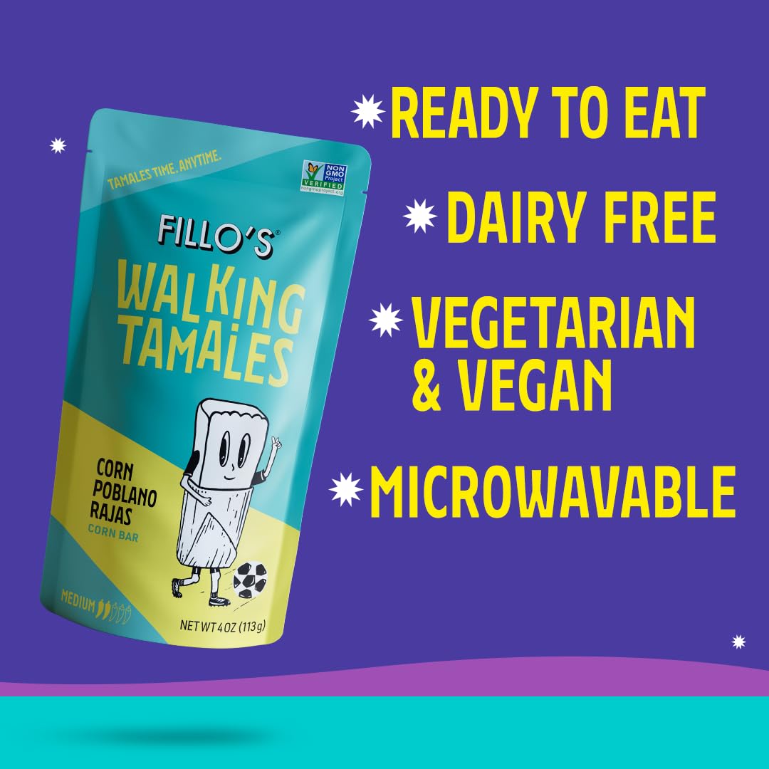 Fillo's Tamales (7 Pack) – Ready-to-Eat Shelf-Stable Mexican Tamales (Gluten-Free, Vegan, Non-GMO) – Corn Poblano Rajas