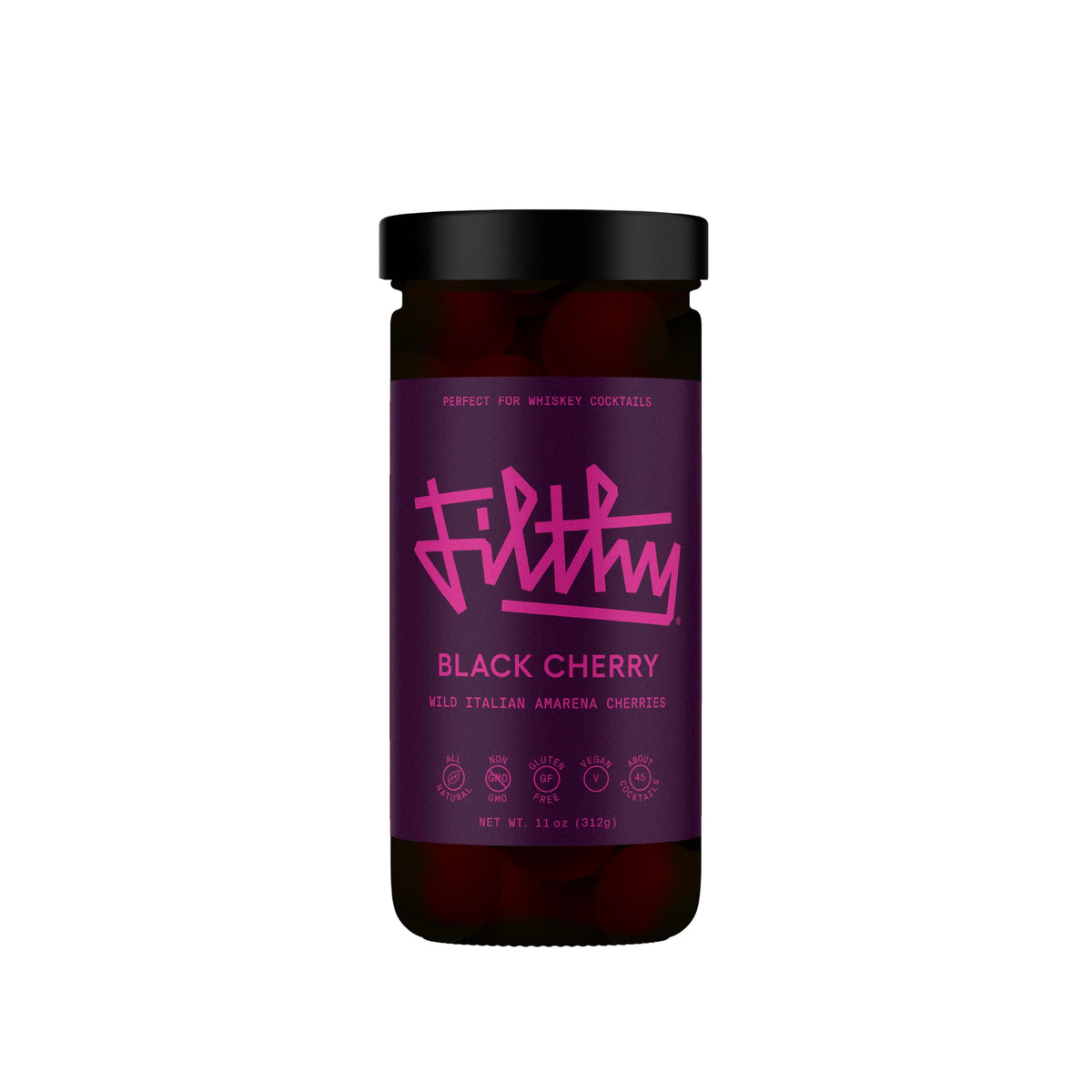 Filthy Food Filthy Cocktail Amarena Black Cherries – Premium Italian Amarenas, Non-GMO, Gluten Free, Vegan, 11 oz Jar