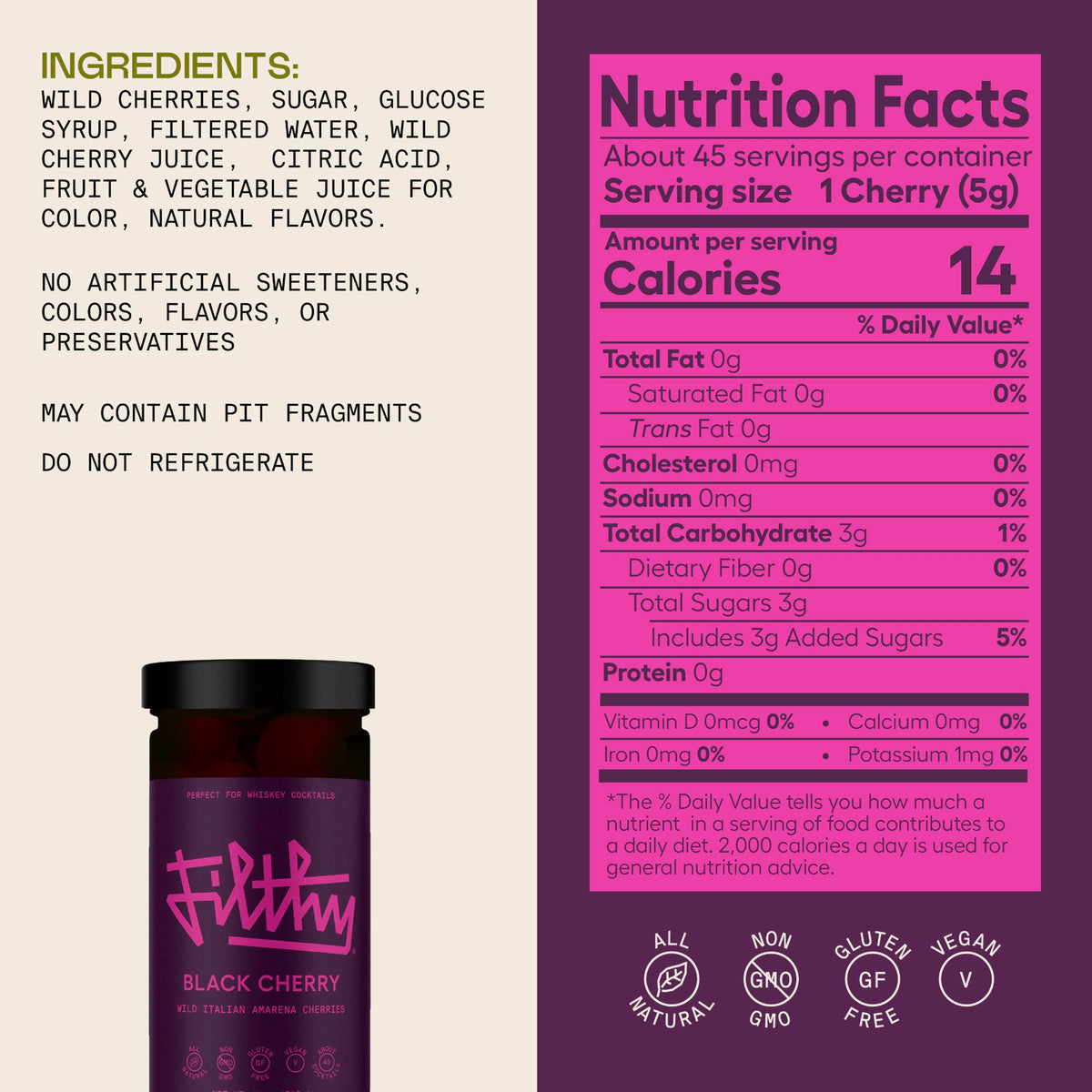 Filthy Food Filthy Cocktail Amarena Black Cherries – Premium Italian Amarenas, Non-GMO, Gluten Free, Vegan, 11 oz Jar