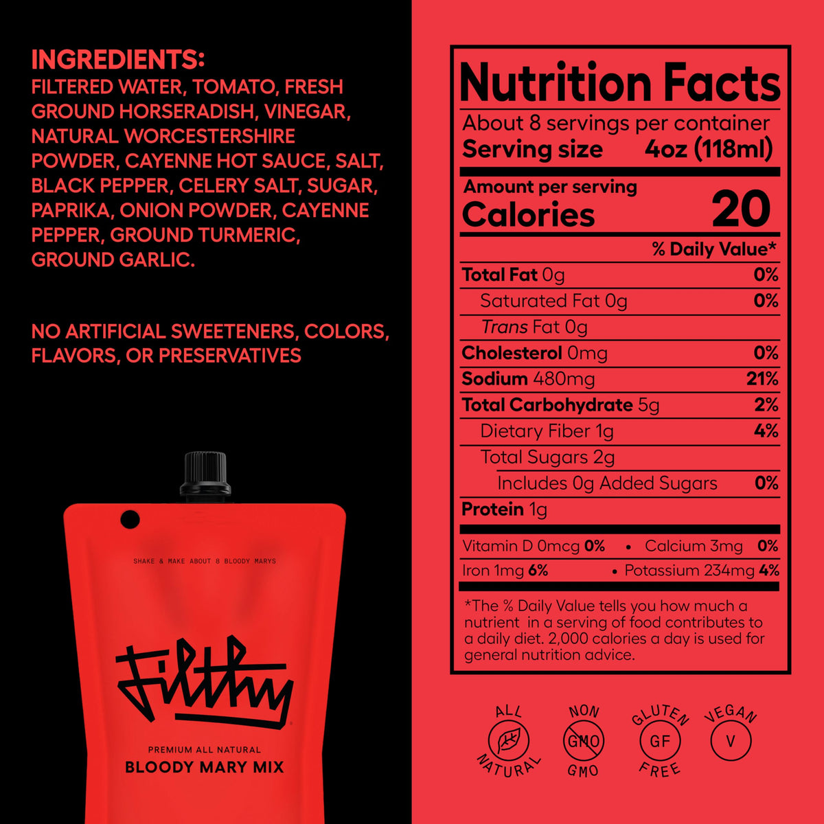 Filthy Bloody Mary Mix – Premium All-Natural Cocktail Mixer, 32 Oz Pouch, 2 Pack