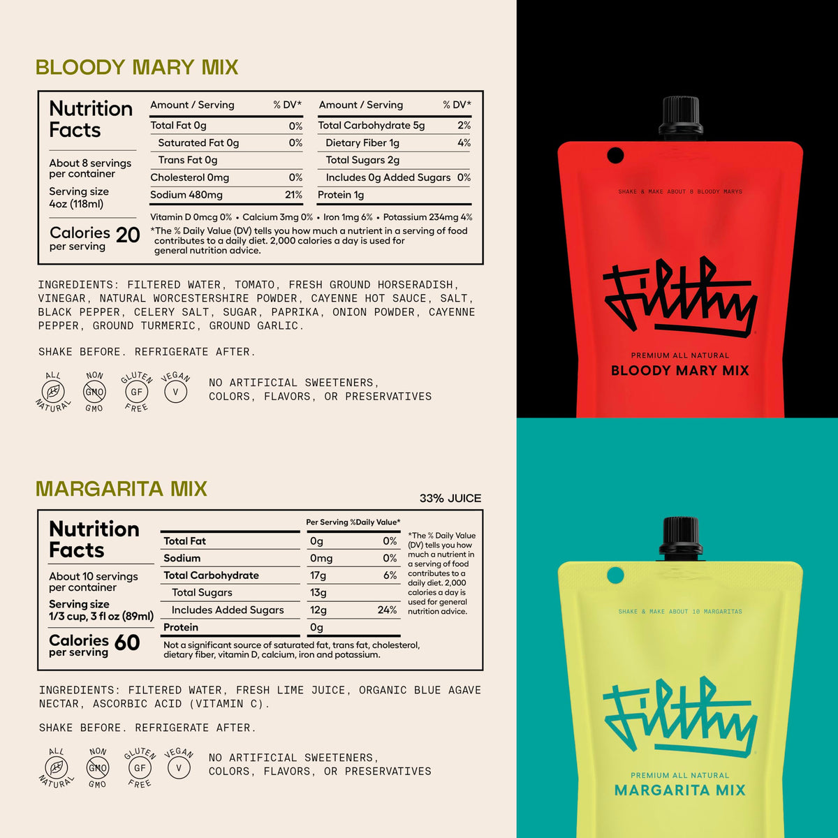Filthy Margarita Mix & Bloody Mary Mix – Premium All-Natural Cocktail Mixers (32 oz Pouches)