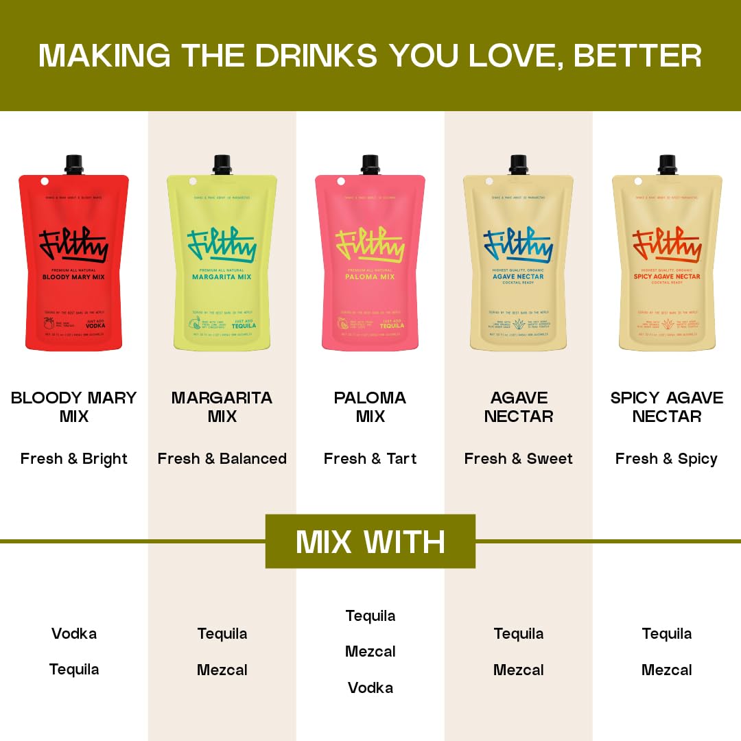 Filthy Margarita Mix & Bloody Mary Mix – Premium All-Natural Cocktail Mixers (32 oz Pouches)
