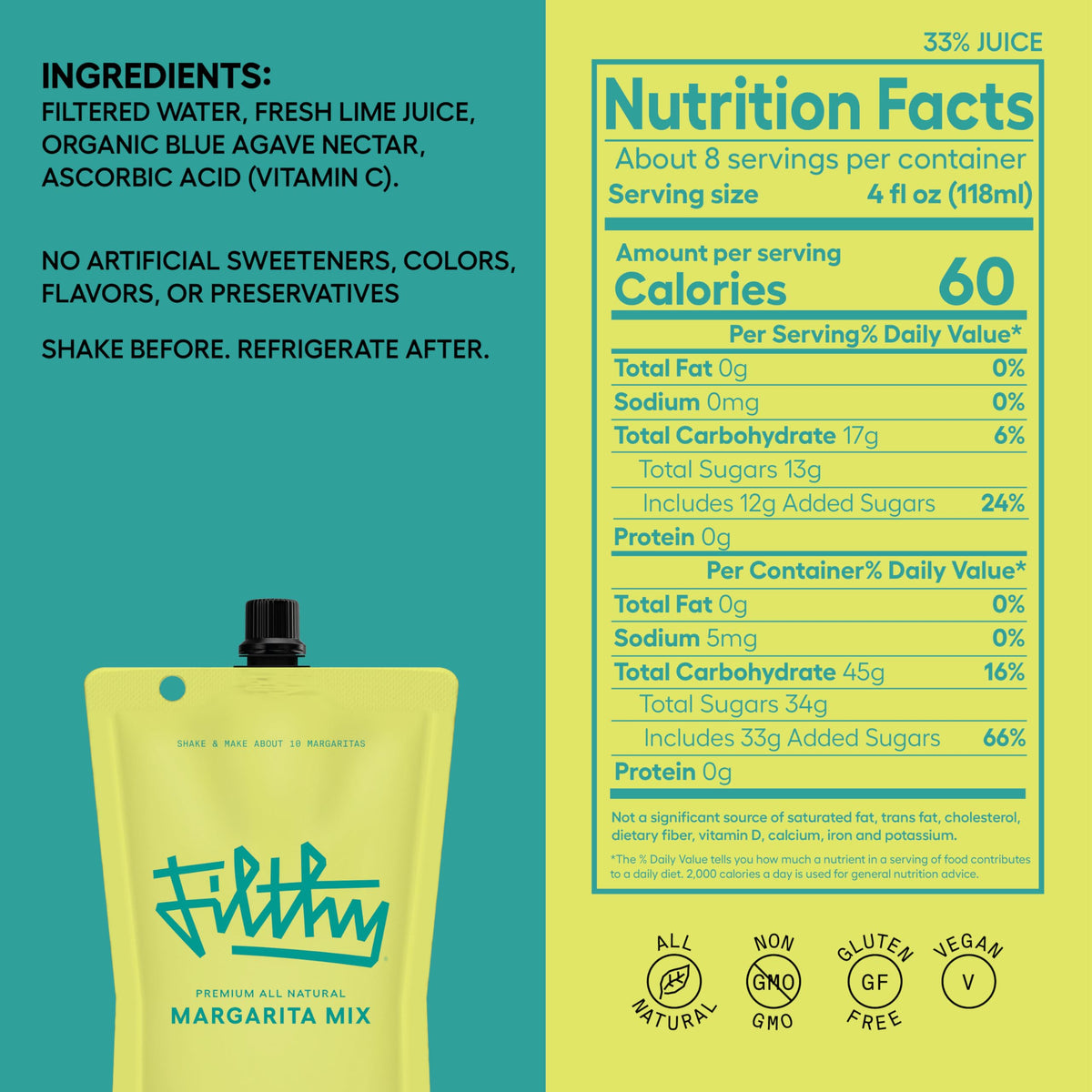 Filthy Margarita Mix – Premium All-Natural, 32 oz Pouch (2 Pack) | Filthy Food