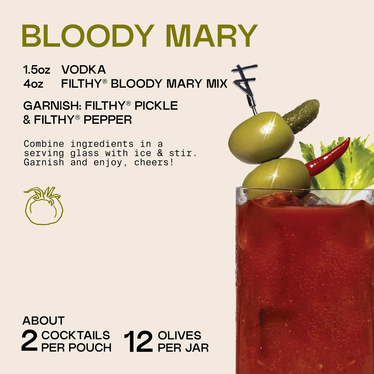 Filthy Bloody Mary Cocktail Kit – Premium All-Natural Mix, Stuffed Olives & Stainless Picks