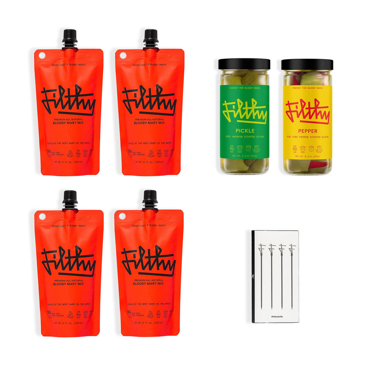Filthy Bloody Mary Cocktail Kit – Premium All-Natural Mix, Stuffed Olives & Stainless Picks