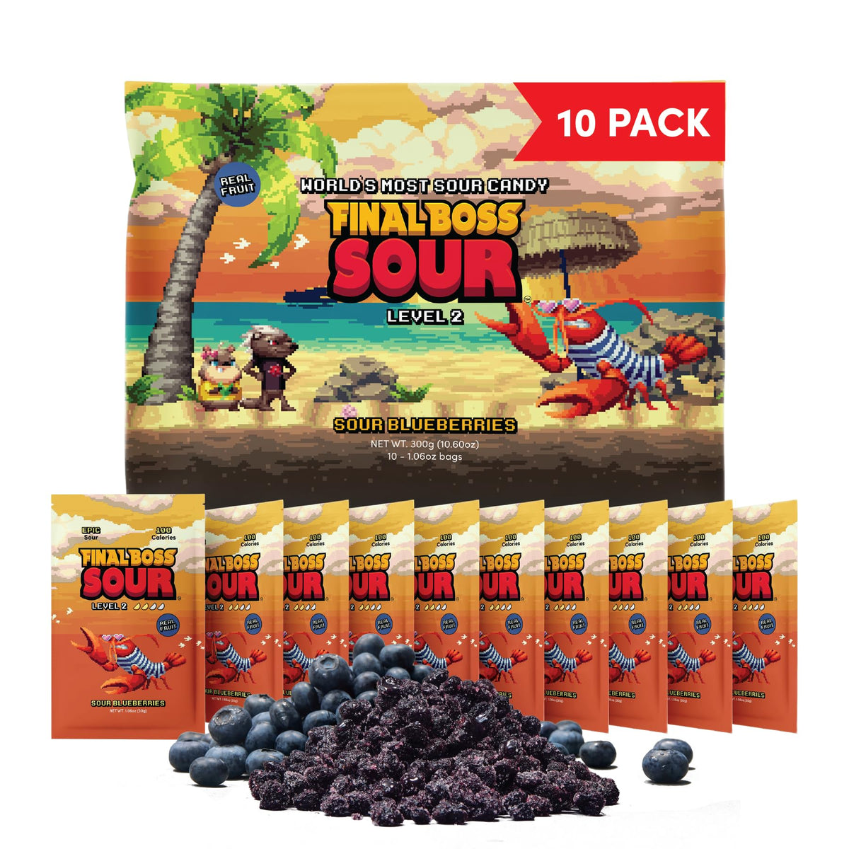 Final Boss Sour Candy – Sour Blueberries Level 2, 10-Pack | Real Dried Fruit