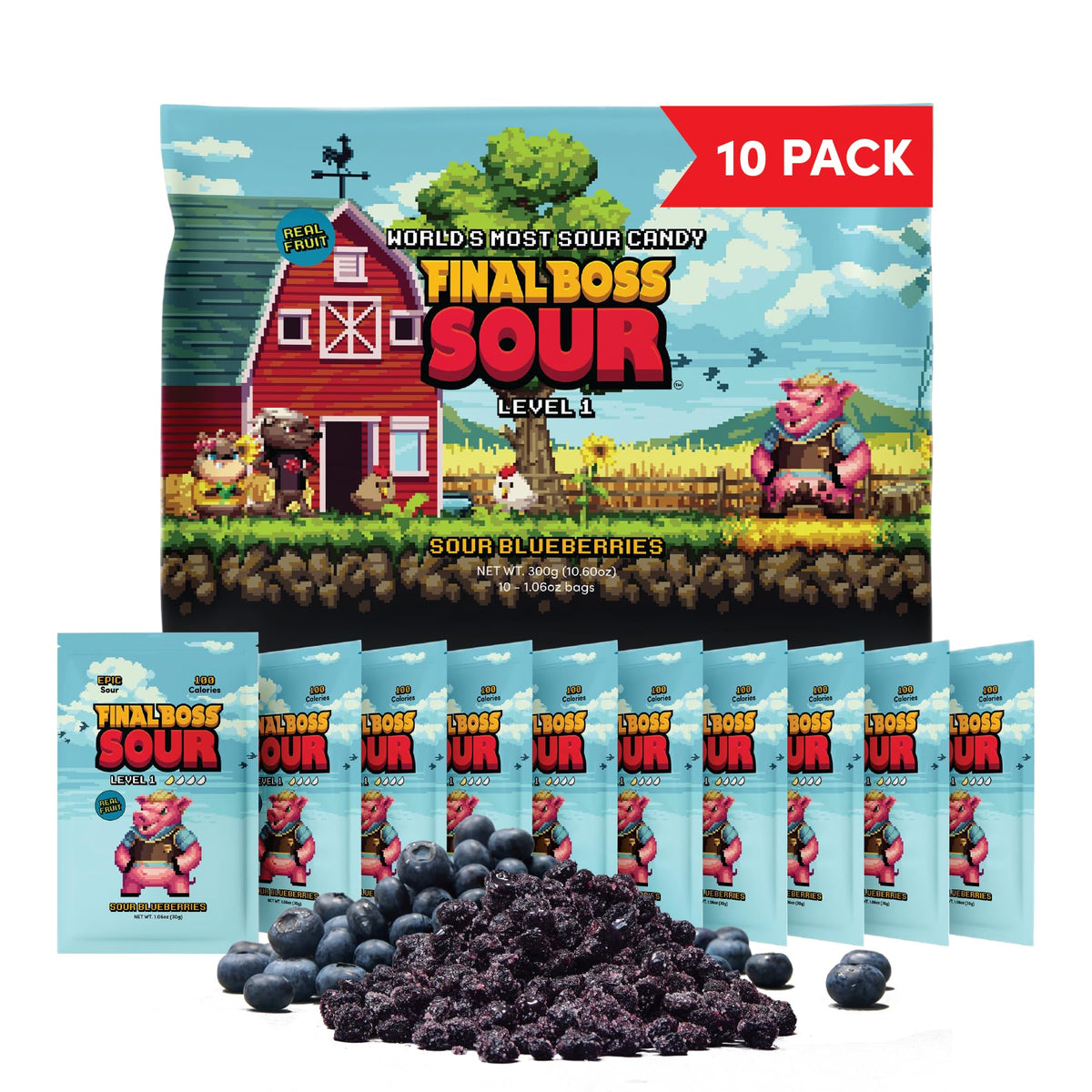 Final Boss Sour Candy Blueberry Level 1, 10 Pack — Real Dried Fruit, Clean Label