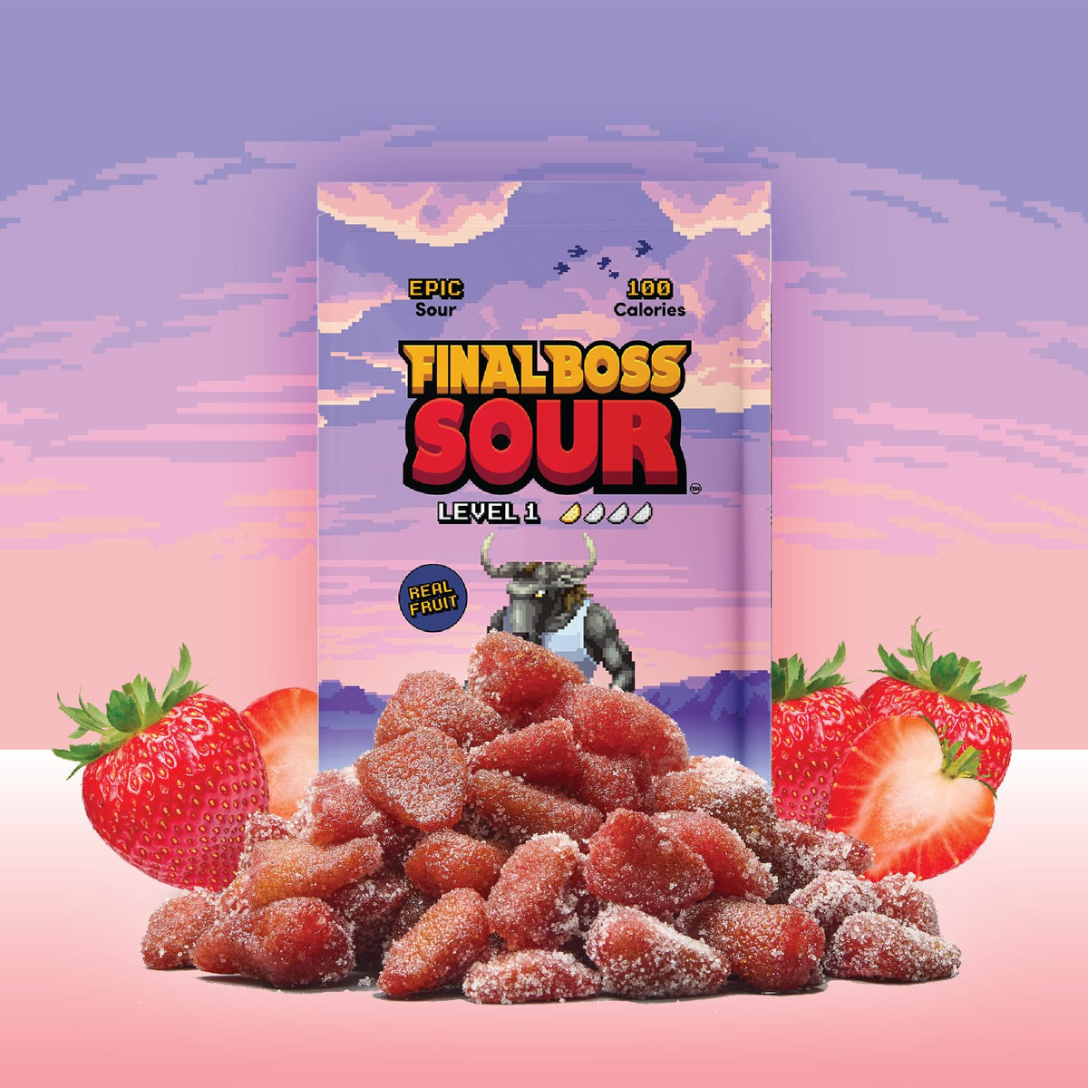 Final Boss Sour Candy – Sour Strawberries (10 Pack) with Real Dried Fruit | No Artificial Colors or Flavors | Low-Calorie Snack