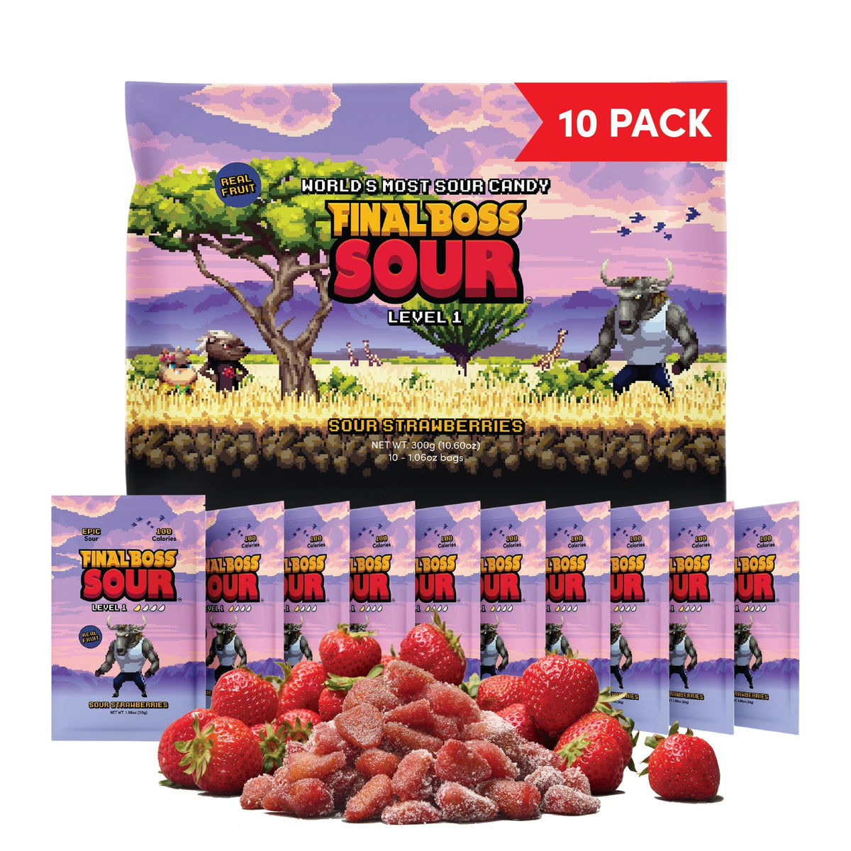 Final Boss Sour Candy – Sour Strawberries (10 Pack) with Real Dried Fruit | No Artificial Colors or Flavors | Low-Calorie Snack
