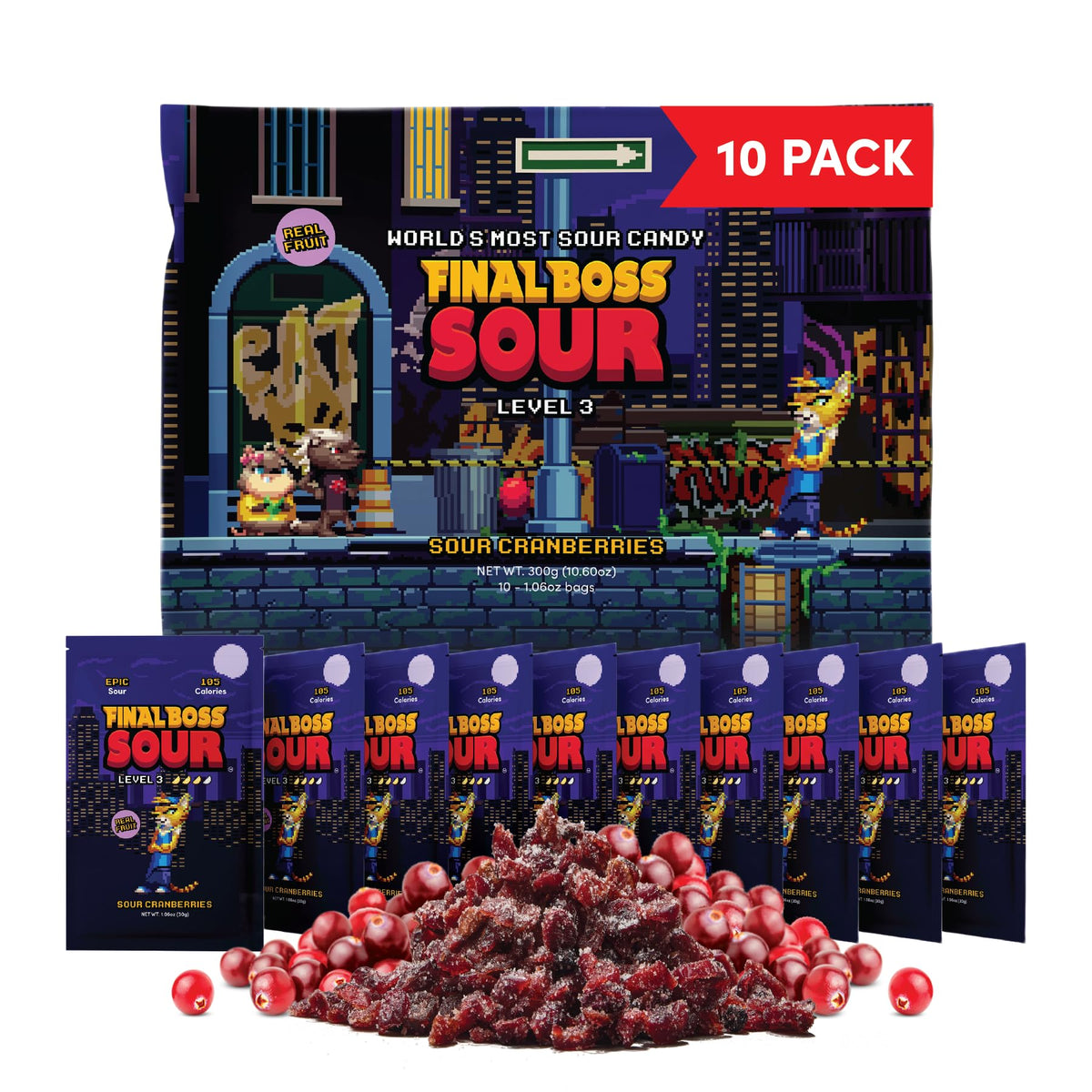 Final Boss Sour Cranberry Level 3 – 10 Pack, Real Dried Fruit Chews, Clean Label Snack