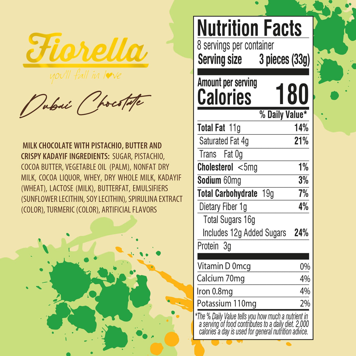 Fiorella Dubai Style Milk Chocolate Pistachio Squares – 24 Count Box